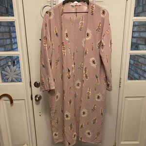 Buddy Love Boho Feather Print Long Open Front Kimono Cover Up S/M